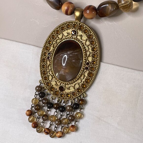 Tigers Eye Oval Pendant Necklace Choker Agate Stone Jewelry Vintage u - Picture 3 of 6